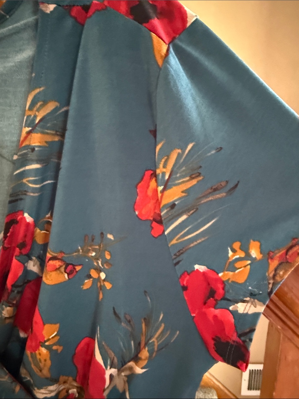 Teal Floral Wrap Dress with Red Bloom Print - Picture 5 of 8